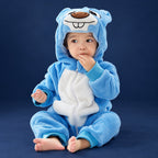 Solis Critter Onesie — Blue Groundhog: flannel hooded animal romper worn by a baby
