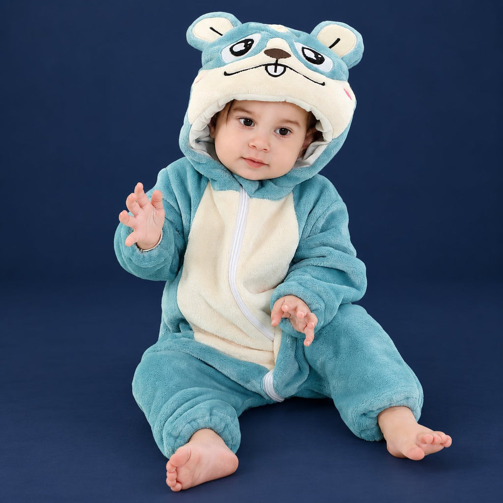 Solis Critter Onesie — Blue Hamster: flannel hooded animal romper worn by a baby