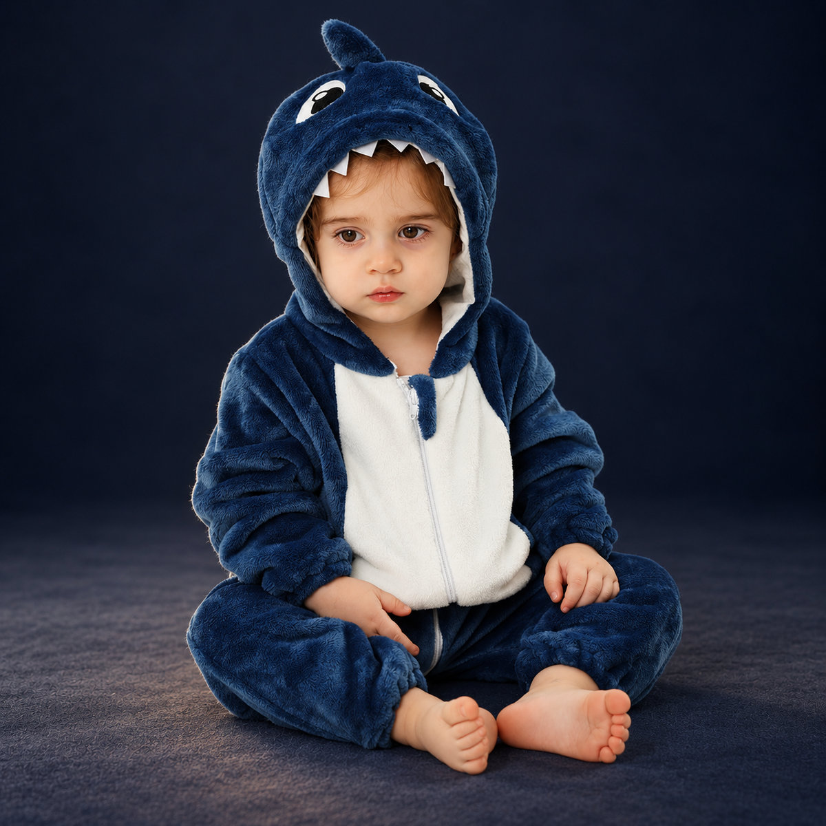 solis critter onesie blue shark — Blue Shark worn by a child on a dark navy studio background