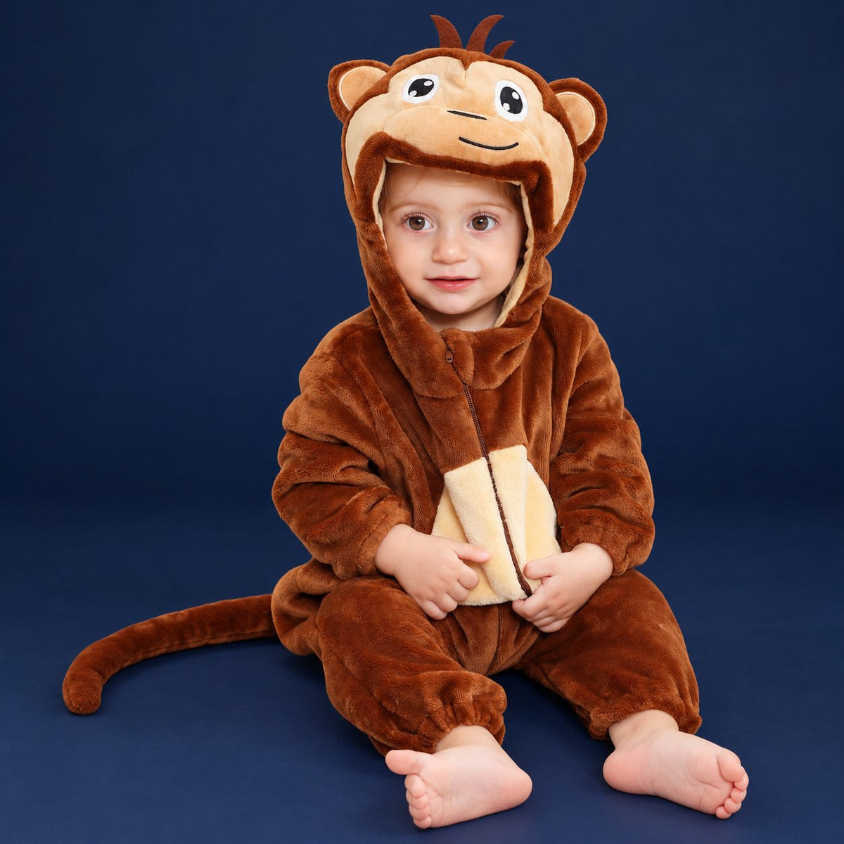 Solis Critter Onesie — Brown Monkey: flannel hooded animal romper worn by a baby