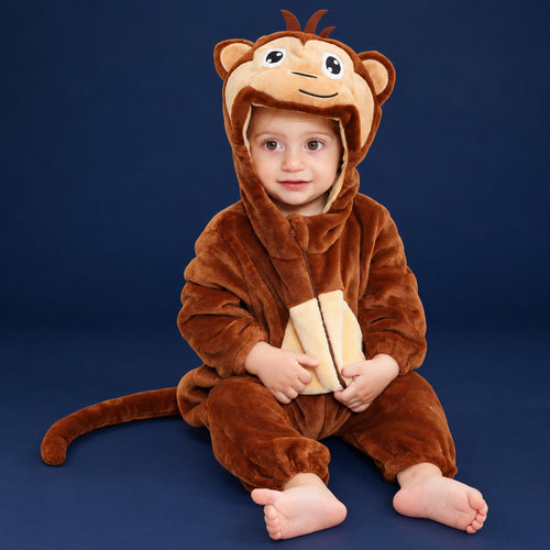 Solis Critter Onesie — Brown Monkey: flannel hooded animal romper worn by a baby