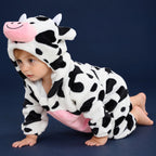 Solis Critter Onesie — Cow: flannel hooded animal romper worn by a baby
