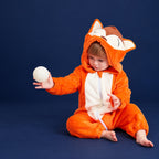 Solis Critter Onesie — Fox Cub: flannel hooded animal romper worn by a baby