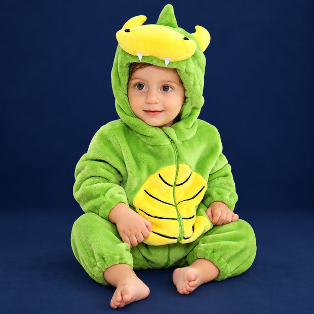 Green Dinosaur Baby Onesie, Hooded Flannel Animal Romper for Babies & Toddlers — Solis Critter