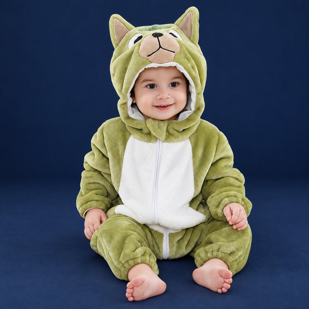 Solis Critter Onesie — Green Foal: flannel hooded animal romper worn by a baby