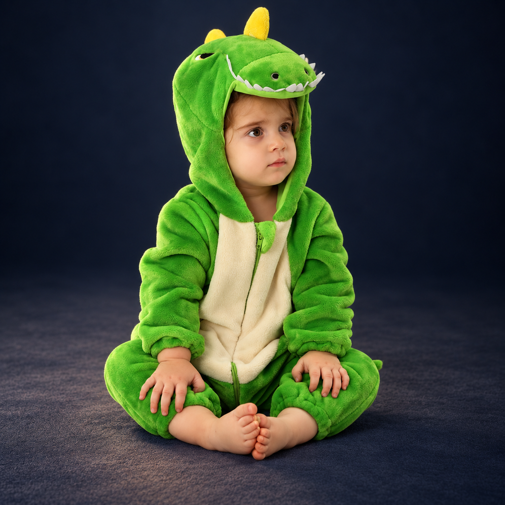 solis critter onesie green t rex — Green T-Rex worn by a child on a dark navy studio background