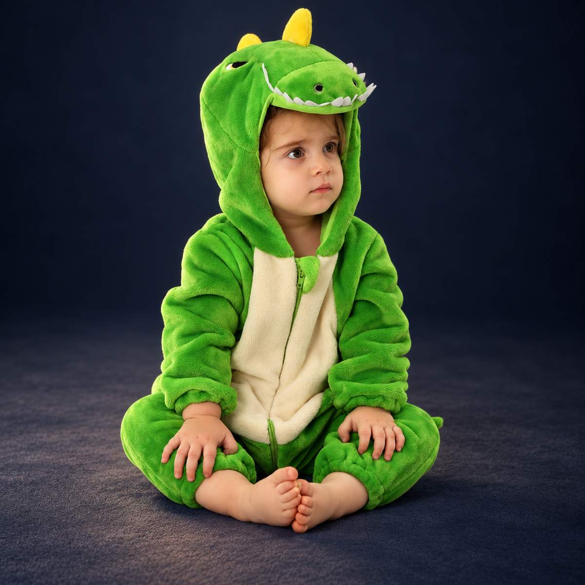 solis critter onesie green t rex — Green T-Rex worn by a child on a dark navy studio background