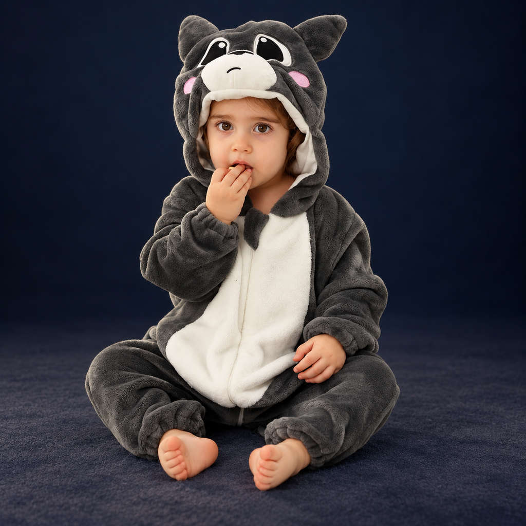 solis critter onesie grey cat — Grey Cat worn by a child on a dark navy studio background