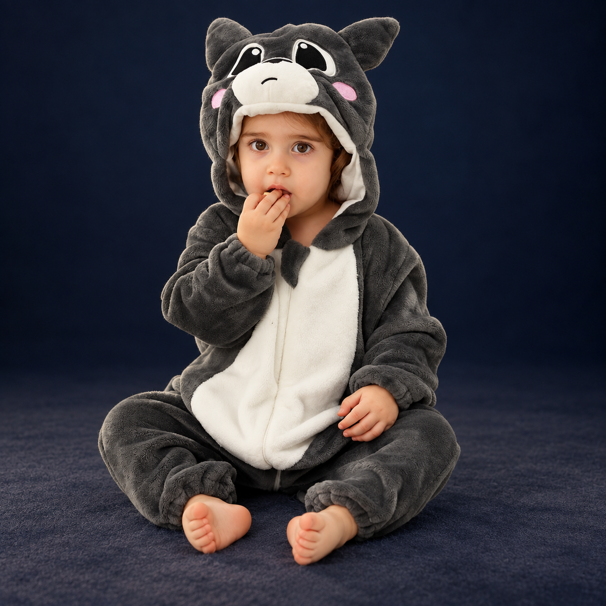 solis critter onesie grey cat — Grey Cat worn by a child on a dark navy studio background