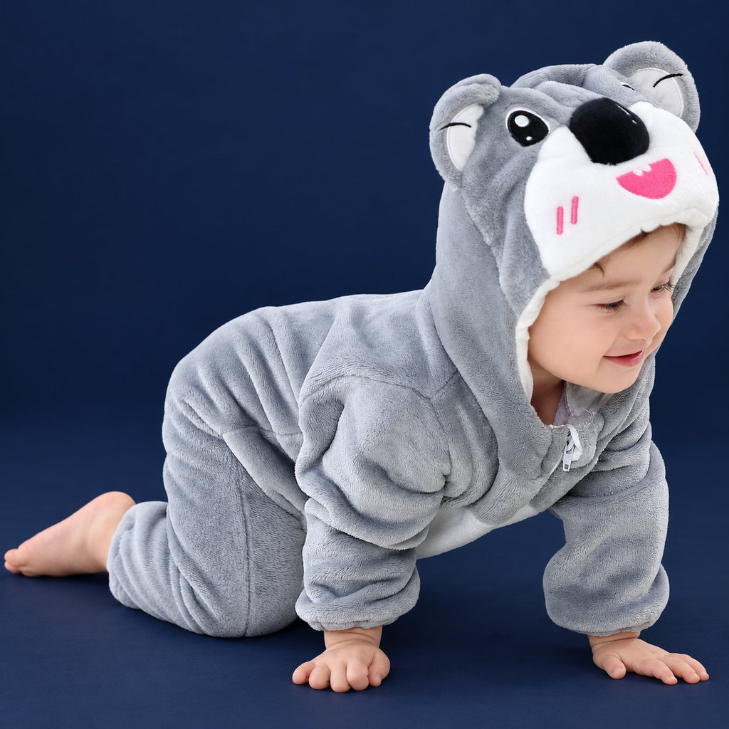 Solis Critter Onesie — Grey Koala: flannel hooded animal romper worn by a baby