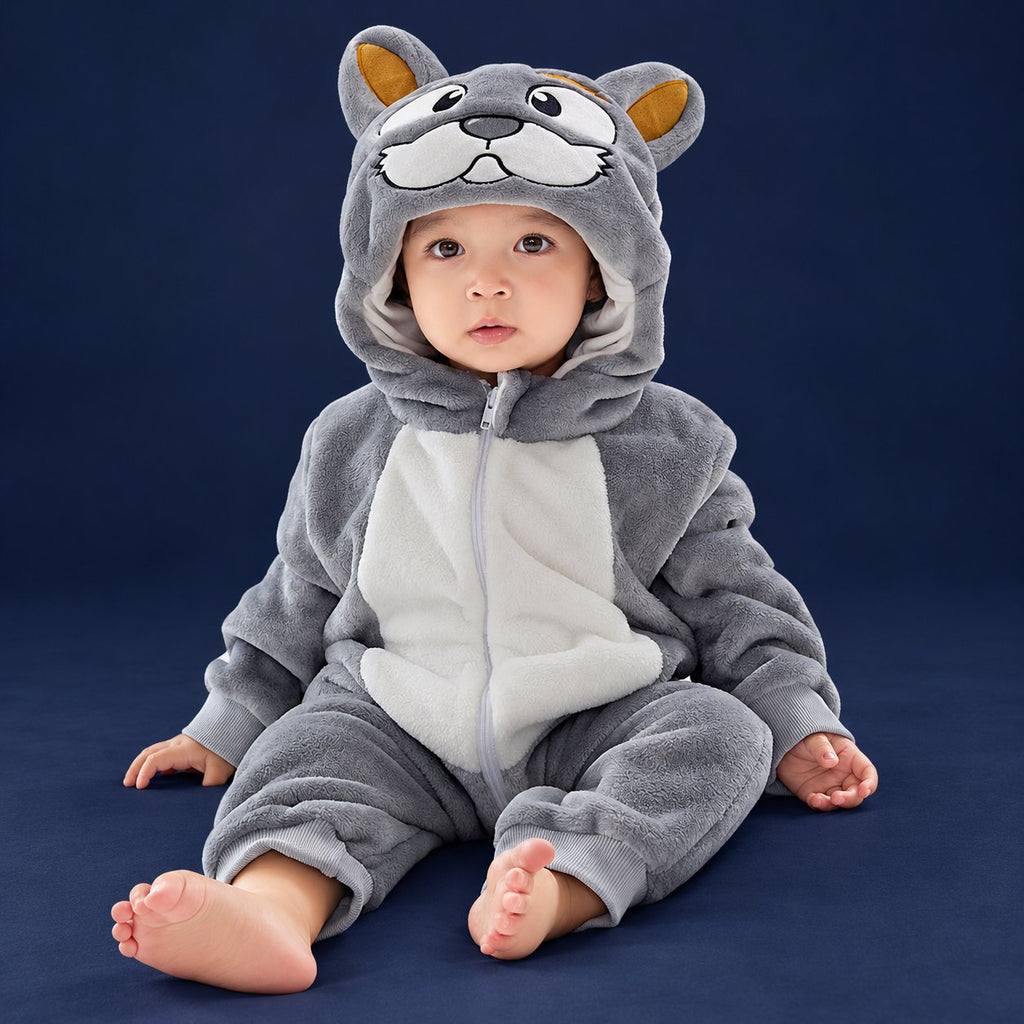 Solis Critter Onesie — Grey Mastiff: flannel hooded animal romper worn by a baby