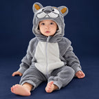 Solis Critter Onesie — Grey Mastiff: flannel hooded animal romper worn by a baby