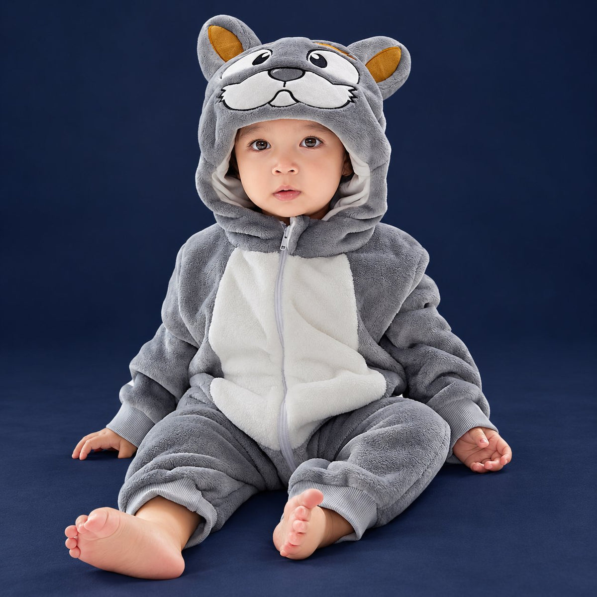 Solis Critter Onesie — Grey Mastiff: flannel hooded animal romper worn by a baby
