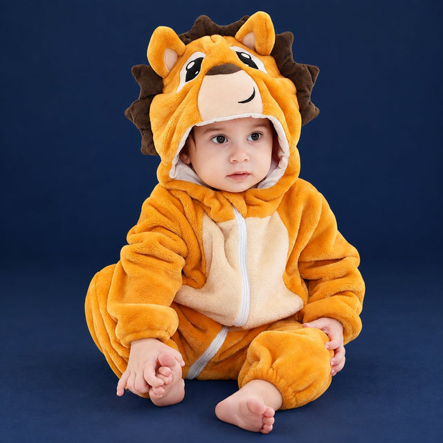 Solis Critter Onesie — Hedgehog: flannel hooded animal romper worn by a baby