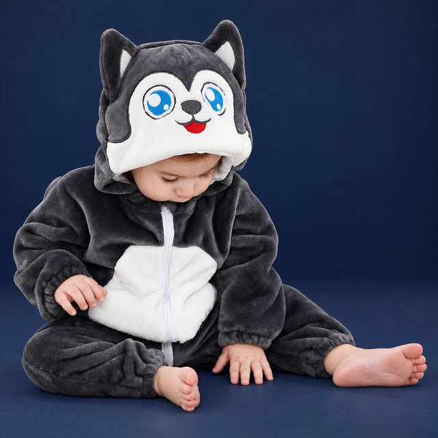 Solis Critter Onesie — Husky: flannel hooded animal romper worn by a baby