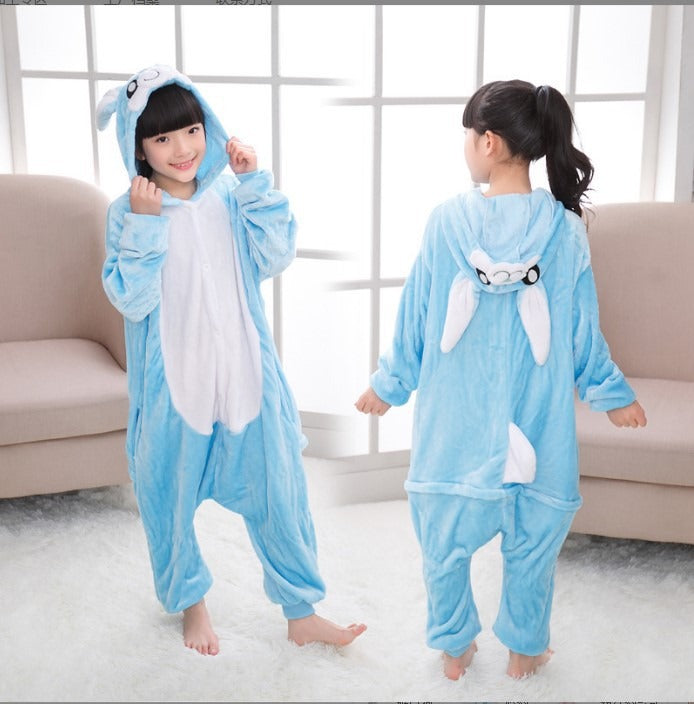 Solis Critter Onesie Kids — 3D Blue Bunny: hooded flannel animal jumpsuit on a child