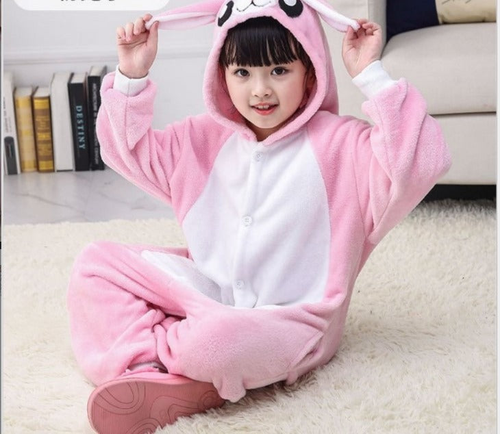 Solis Critter Onesie Kids — 3D Pink Bunny: hooded flannel animal jumpsuit on a child