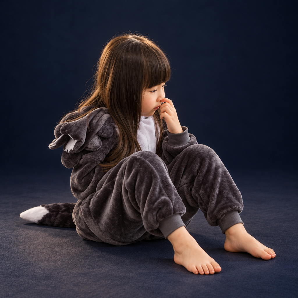 solis critter onesie kids big grey wolf — Big Grey Wolf worn by a child on a dark navy studio background