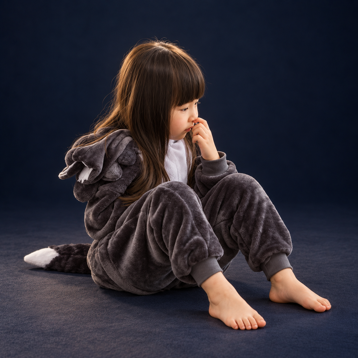 solis critter onesie kids big grey wolf — Big Grey Wolf worn by a child on a dark navy studio background