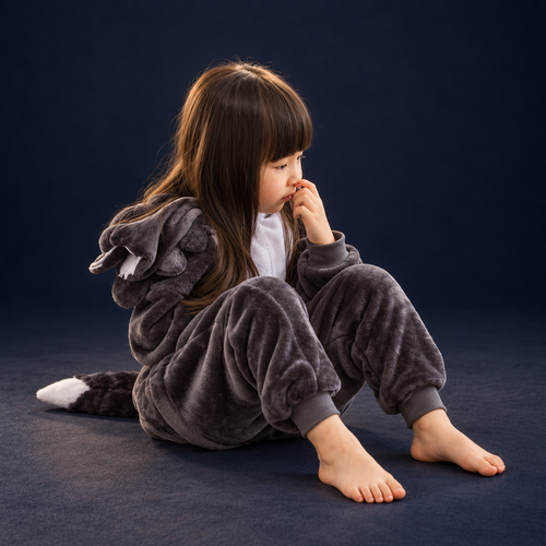 solis critter onesie kids big grey wolf — Big Grey Wolf worn by a child on a dark navy studio background