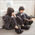 Solis Critter Onesie Kids — Big Grey Wolf: hooded flannel animal jumpsuit on a child