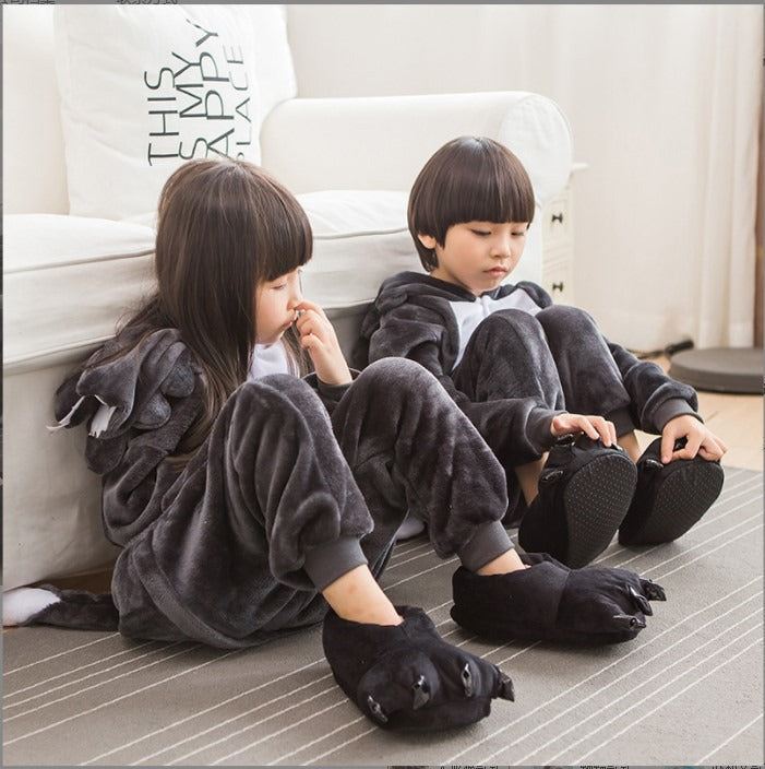 Solis Critter Onesie Kids — Big Grey Wolf: hooded flannel animal jumpsuit on a child