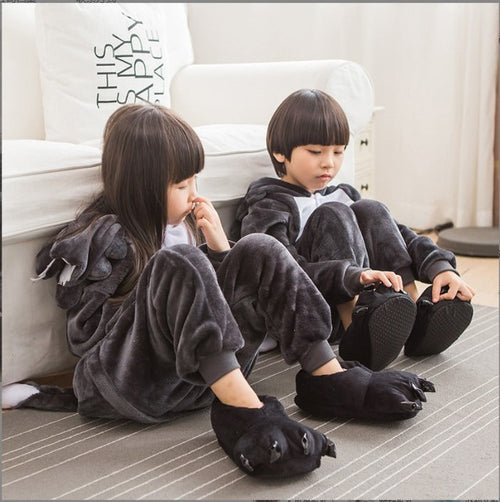 Solis Critter Onesie Kids — Big Grey Wolf: hooded flannel animal jumpsuit on a child