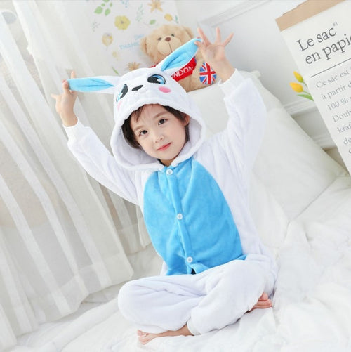 Solis Critter Onesie Kids — Blue Bunny: hooded flannel animal jumpsuit on a child