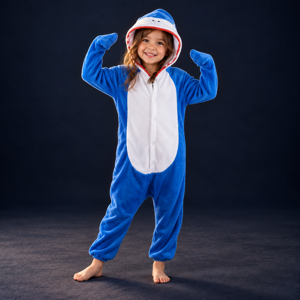 solis critter onesie kids blue shark — Blue Shark worn by a child on a dark navy studio background
