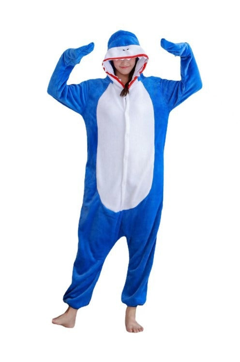 Solis Critter Onesie Kids — Blue Shark: hooded flannel animal jumpsuit (photo shows the adult version of the design; this listing is kids' sizes 100–140 cm)