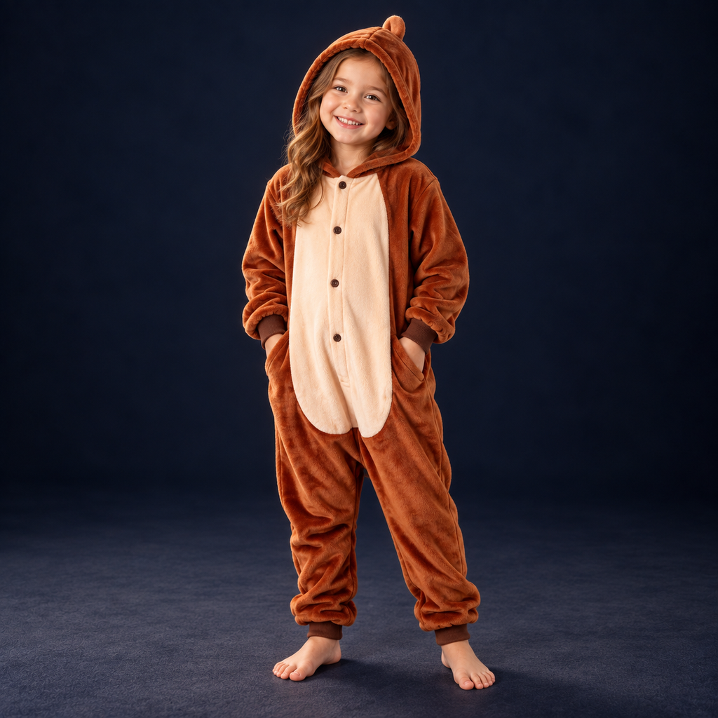 solis critter onesie kids brown monkey — Brown Monkey worn by a child on a dark navy studio background