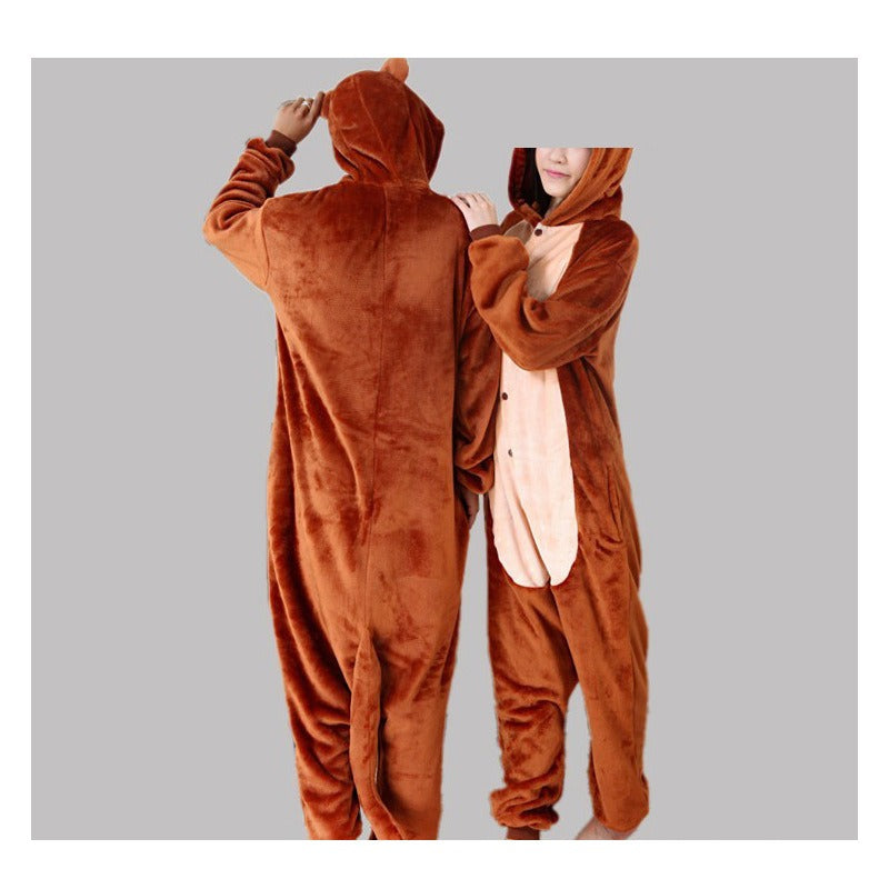 Solis Critter Onesie Kids — Brown Monkey: hooded flannel animal jumpsuit (photo shows the adult version of the design; this listing is kids' sizes 100–140 cm)