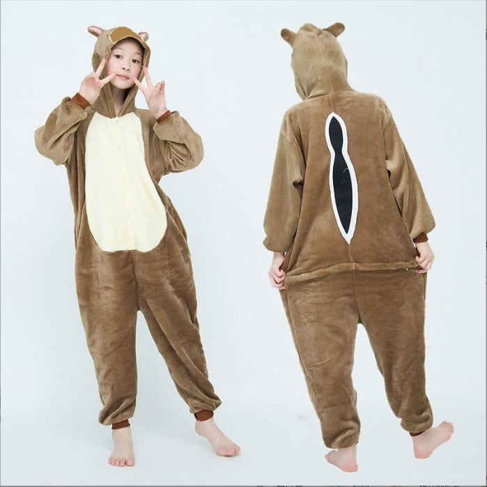 Solis Critter Onesie Kids — Chipmunk: hooded flannel animal jumpsuit (photo shows the adult version of the design; this listing is kids' sizes 100–140 cm)