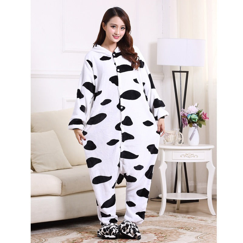 Solis Critter Onesie Kids — Cow: hooded flannel animal jumpsuit (photo shows the adult version of the design; this listing is kids' sizes 100–140 cm)