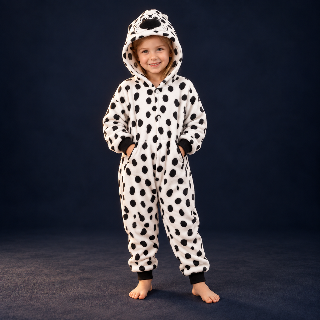 solis critter onesie kids dalmatian — Dalmatian worn by a child on a dark navy studio background
