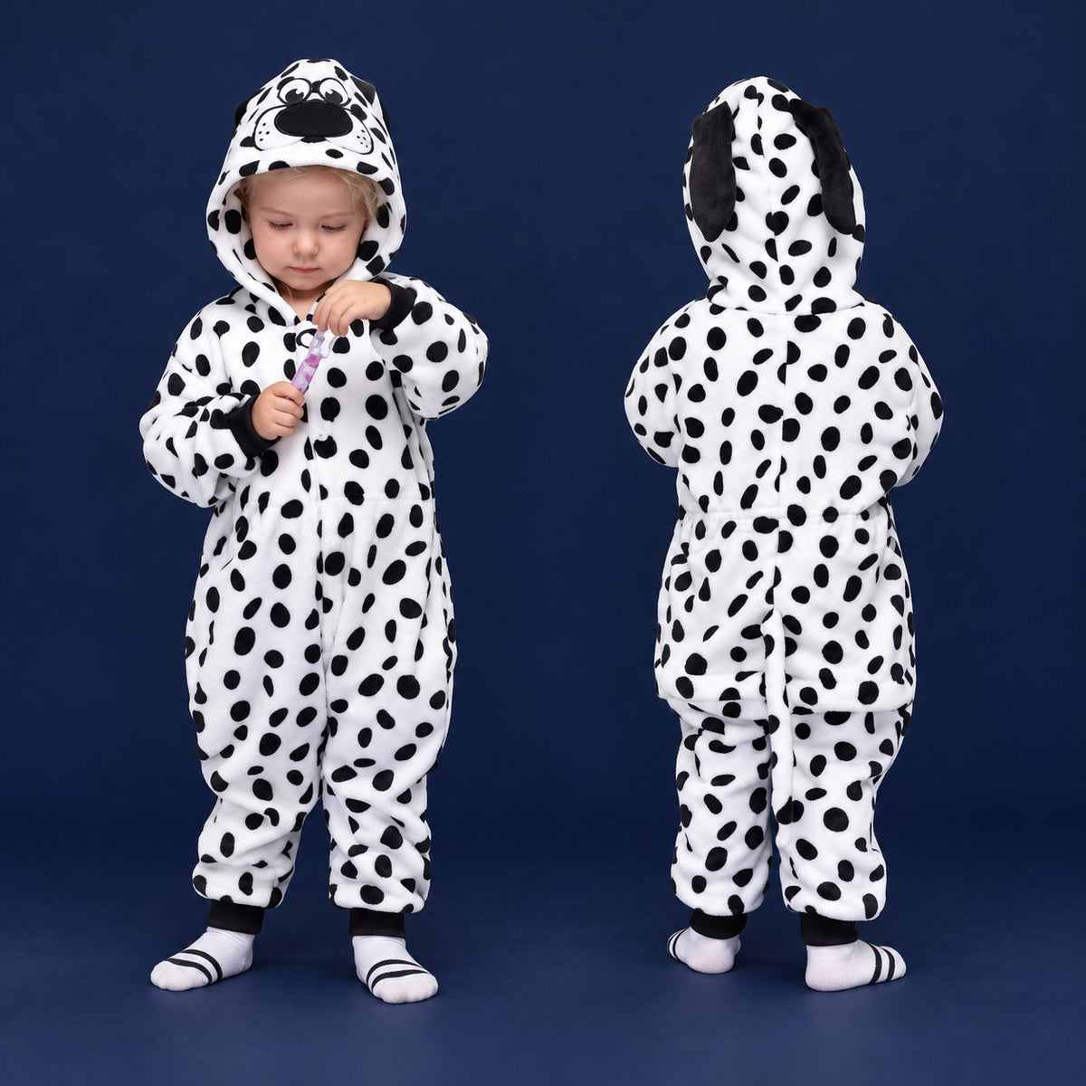 Solis Critter Onesie Kids — Dalmatian: hooded flannel animal jumpsuit on a child