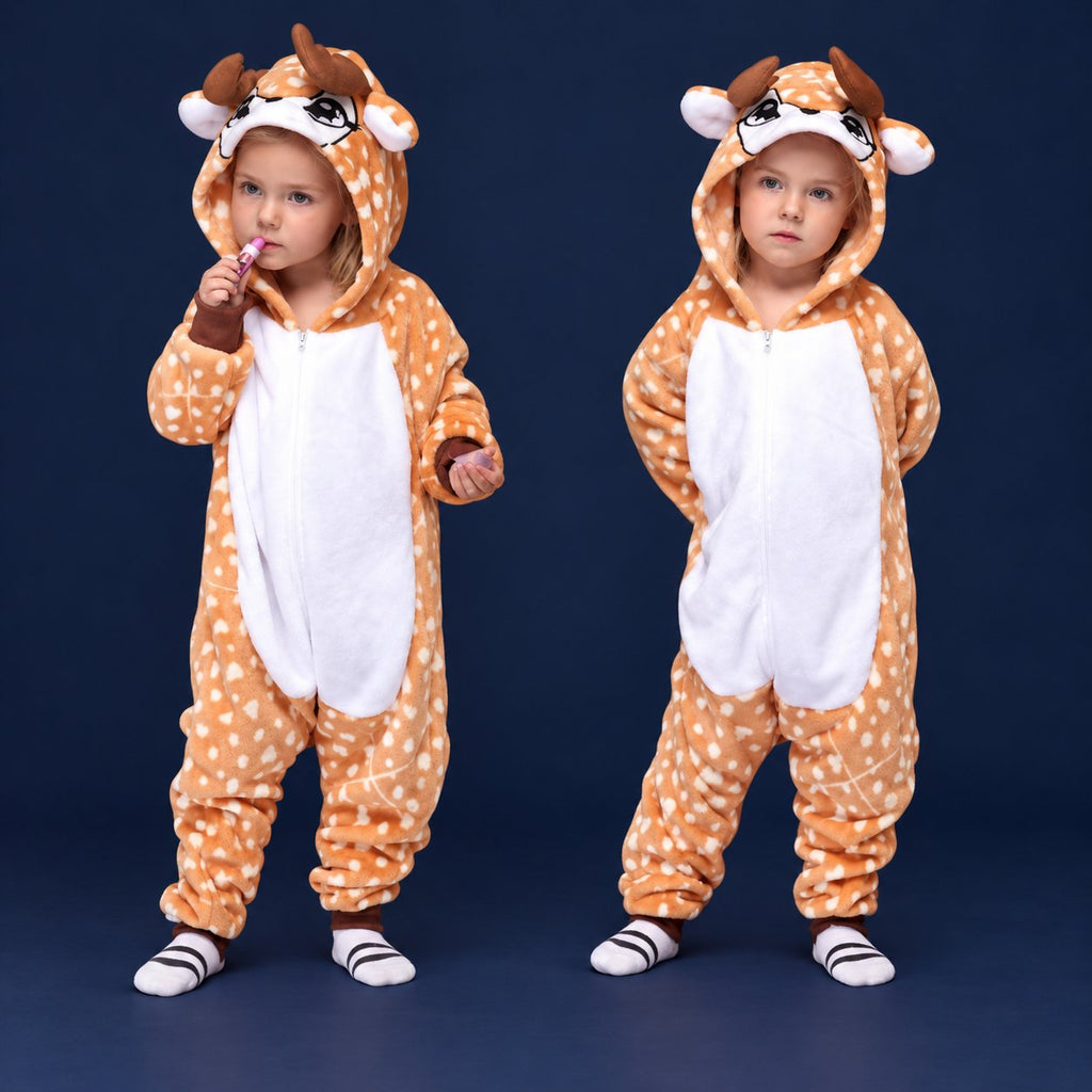 Solis Critter Onesie Kids — Deer: hooded flannel animal jumpsuit on a child