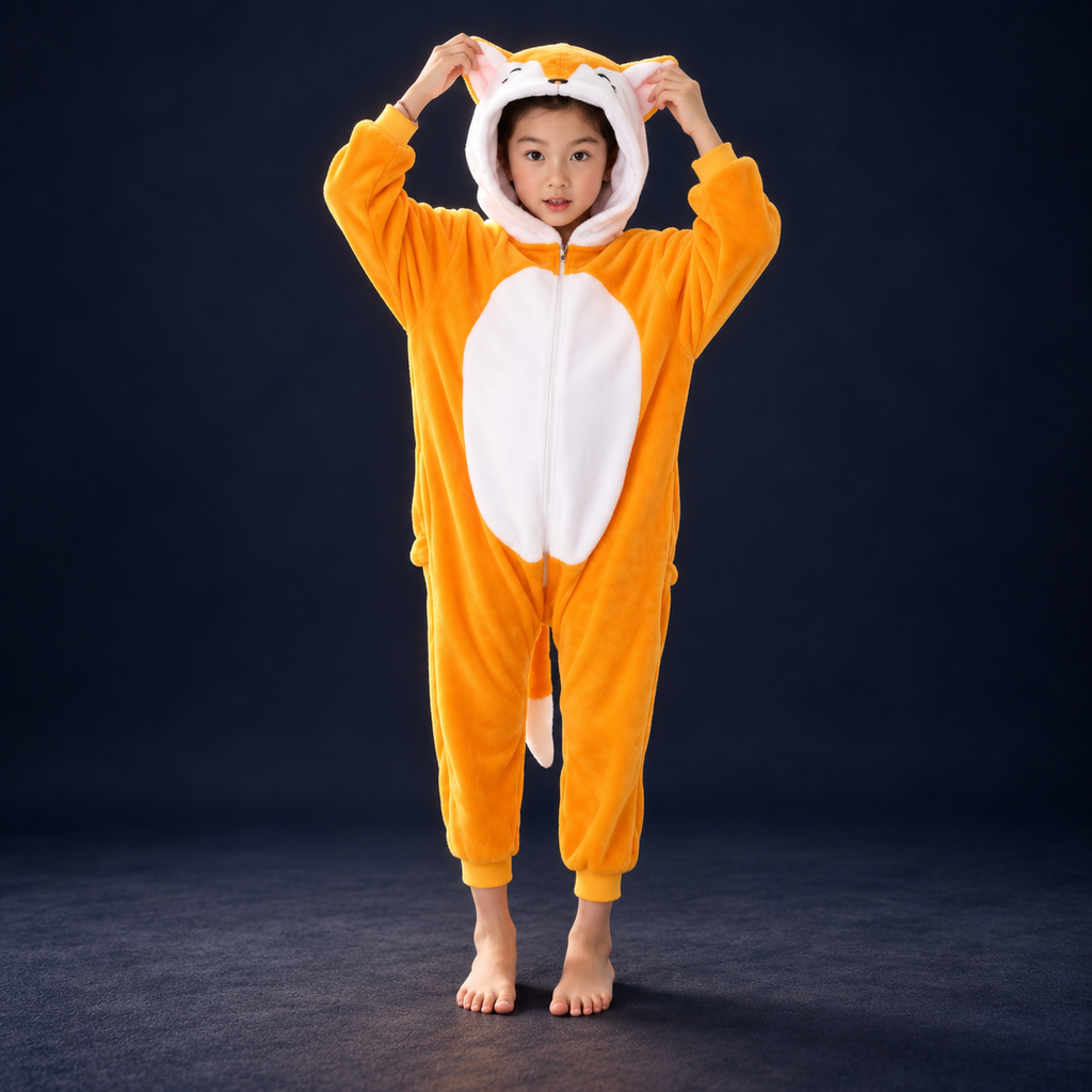 solis critter onesie kids fox — Fox worn by a child on a dark navy studio background
