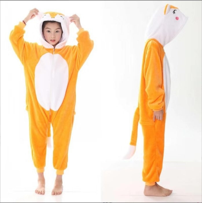 Solis Critter Onesie Kids — Fox: hooded flannel animal jumpsuit on a child