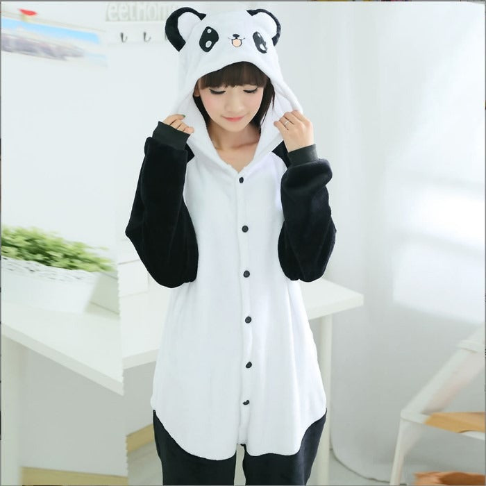 Solis Critter Onesie Kids — Giant Panda: hooded flannel animal jumpsuit on a child
