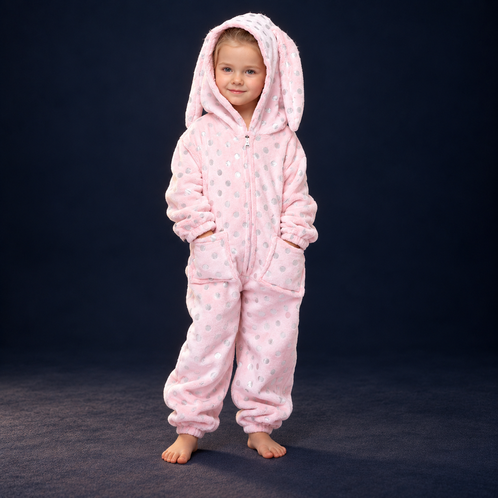 solis critter onesie kids gold bunny — Gold Bunny worn by a child on a dark navy studio background