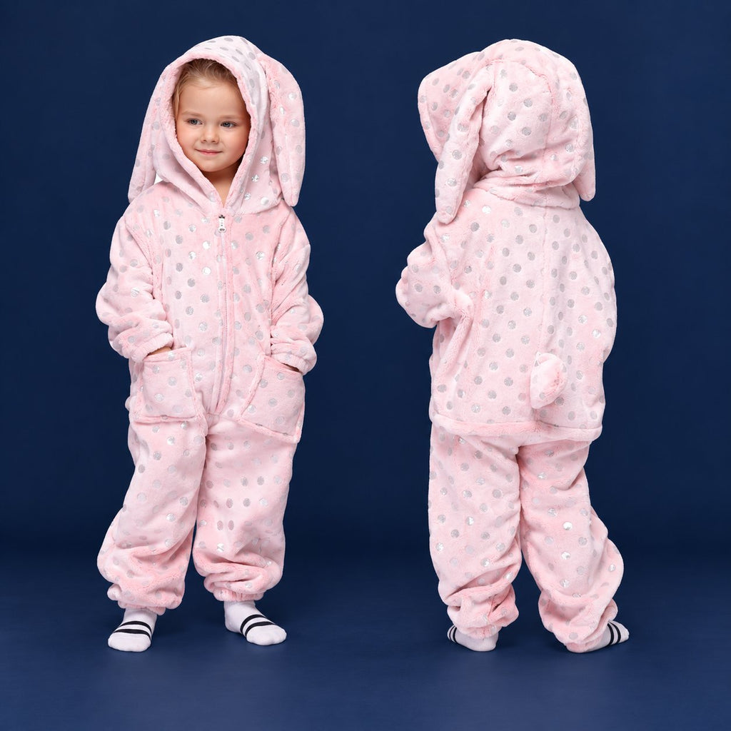 Solis Critter Onesie Kids — Gold Bunny: hooded flannel animal jumpsuit on a child