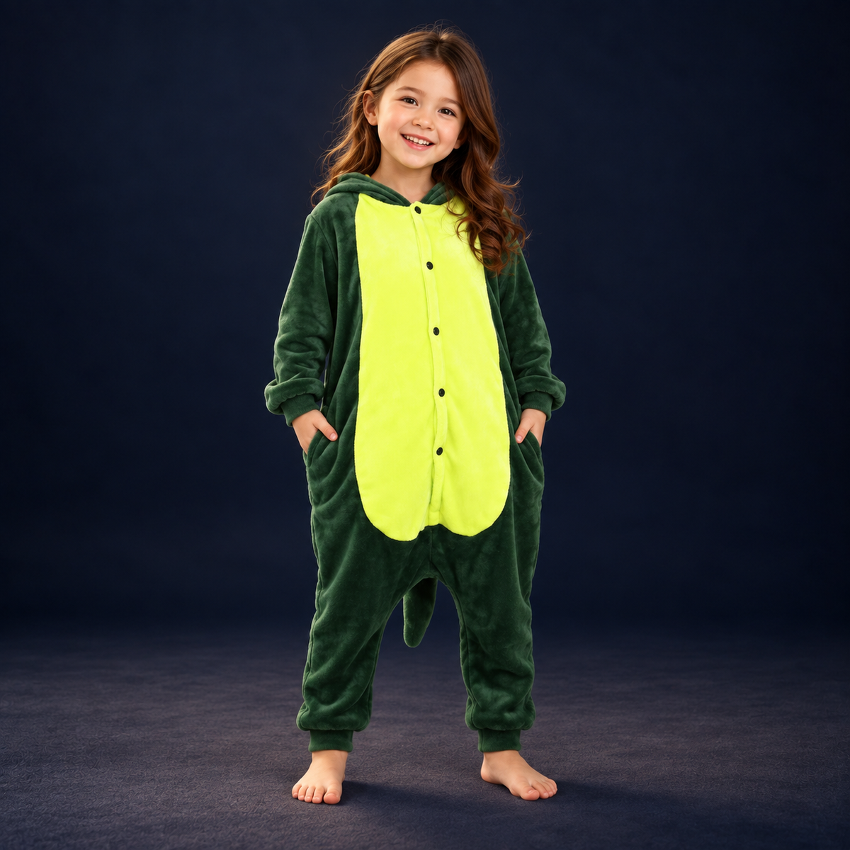 solis critter onesie kids green dino — Green Dino worn by a child on a dark navy studio background