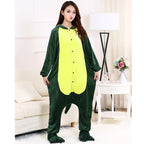 Solis Critter Onesie Kids — Green Dino: hooded flannel animal jumpsuit (photo shows the adult version of the design; this listing is kids' sizes 100–140 cm)