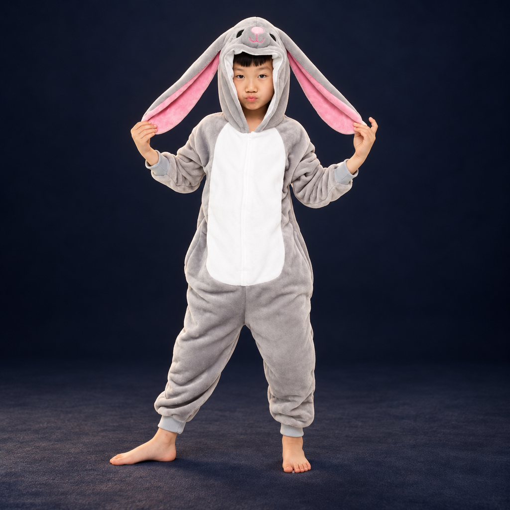 solis critter onesie kids grey hare — Grey Hare worn by a child on a dark navy studio background