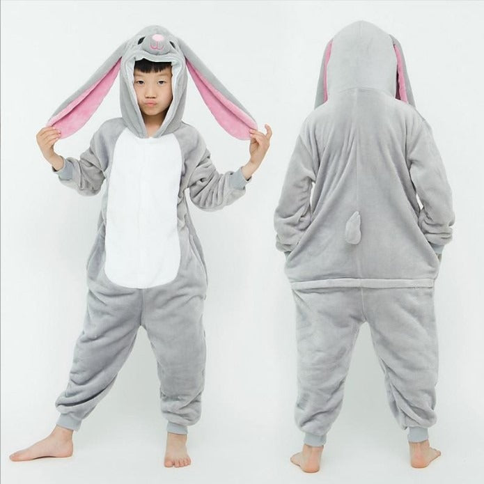 Solis Critter Onesie Kids — Grey Hare: hooded flannel animal jumpsuit on a child