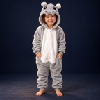 solis critter onesie kids grey hippo — Grey Hippo worn by a child on a dark navy studio background