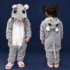 Solis Critter Onesie Kids — Grey Hippo: hooded flannel animal jumpsuit on a child