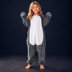 solis critter onesie kids grey shark — Grey Shark worn by a child on a dark navy studio background