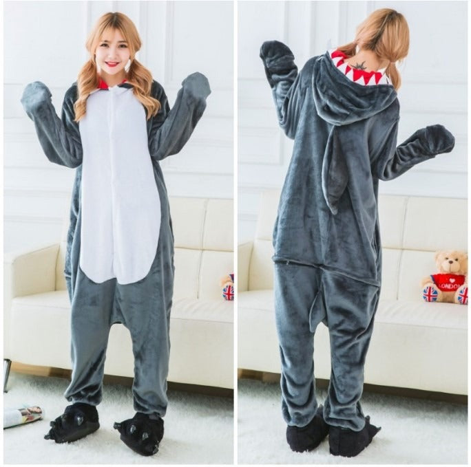 Solis Critter Onesie Kids — Grey Shark: hooded flannel animal jumpsuit (photo shows the adult version of the design; this listing is kids' sizes 100–140 cm)